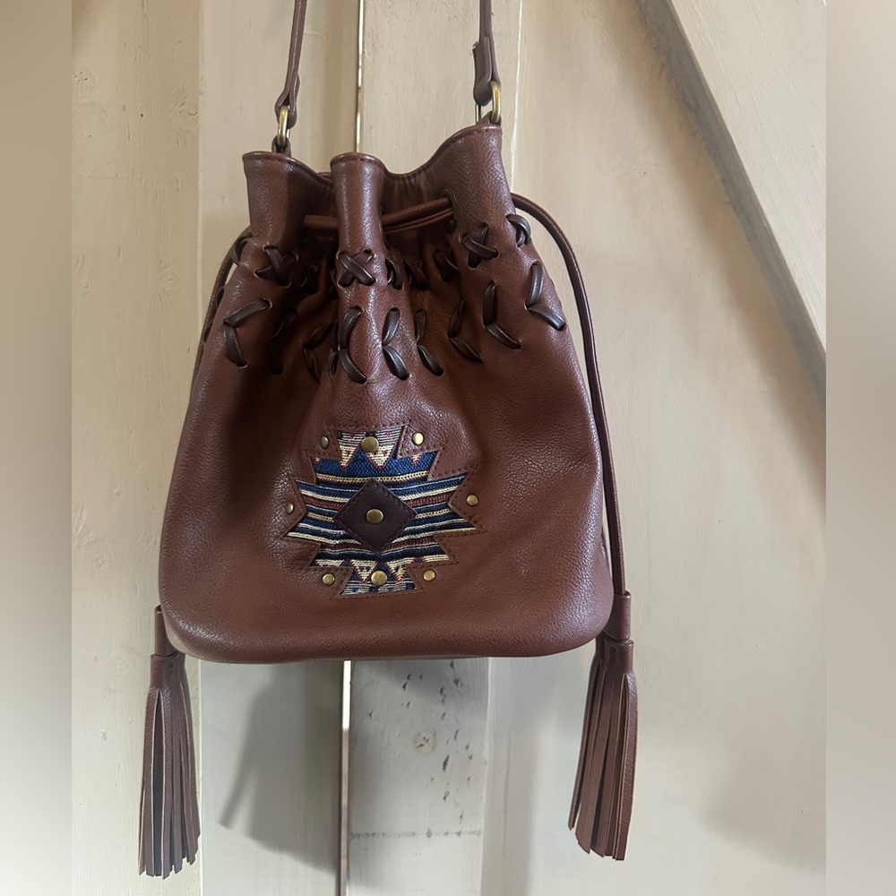 Boho Brown Leather Bucket Bag w/ Tribal Aztec Design & Tassels
